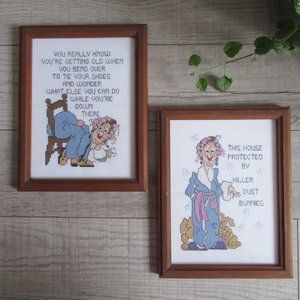 2 Framed Cross-Stitched Hand Made Pictures Cheerful Old Lady 1997